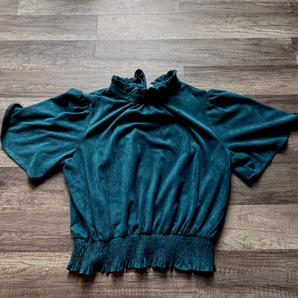 Voy Teal Suede Ruffle Neck Smocked Waist Tie Back Top Small